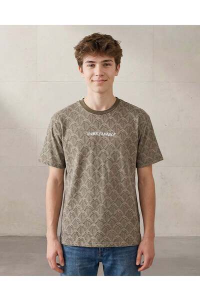 REDTAG Senior Boys Olive Jacquard Oversized T Shirt