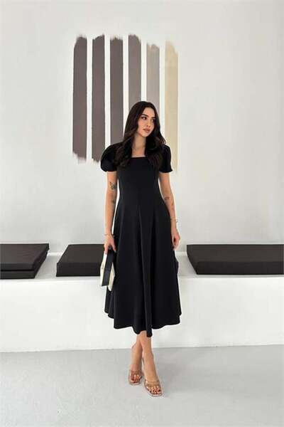 Dipmoda فستان نسائي أسود بياقة مربعة وأكمام بالون متوسط الطول DPK4550