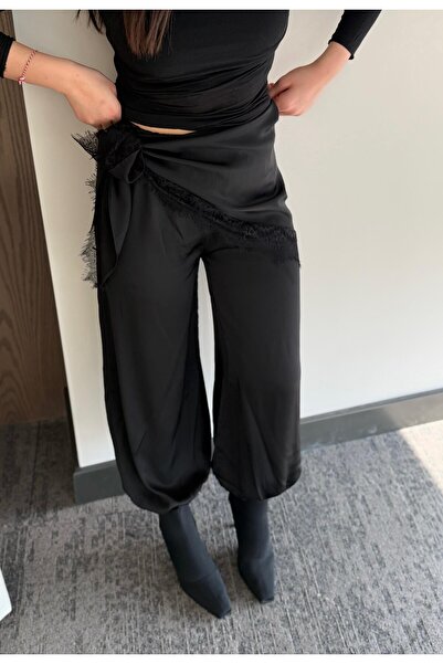 My Blog Черни сатенени панталони с връзки от дантела - 40585
