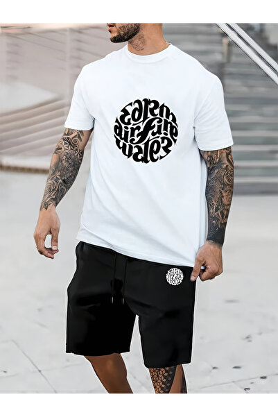 Flow touch Men's Black Printed Oversized Shorts Tracksuit Set