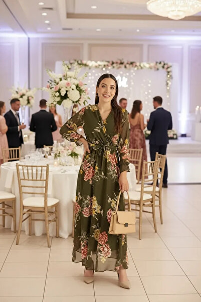 AZRA BUTİK Μακρύ φλοράλ φόρεμα σιφόν - Χακί