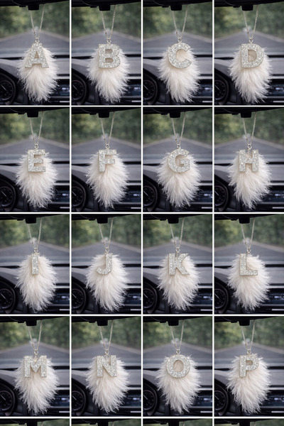 Clear Pink Epoksi Simli Harfli Beyaz Kuş Tüylü Dikiz Ayna Süsü (Harf bilgisin...