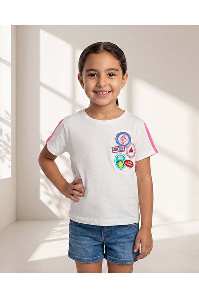 REDTAG Girls White Placement Patches Slub Jersey T Shirt