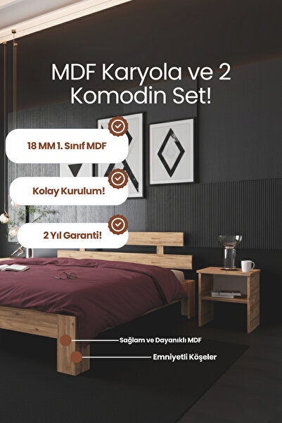 RENAZZO Lotus Çift Kişilik MDF Modern Karyola ve İki Adet Komodin Seti