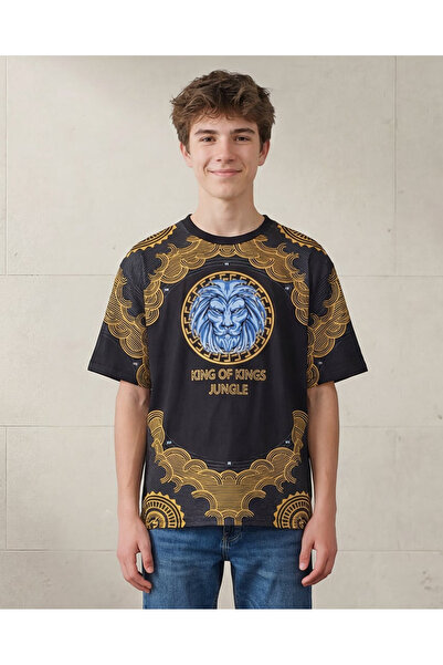 REDTAG Senior Boys Black Lion Face Foil Print Oversized T Shirt