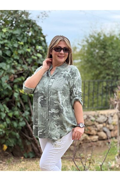 Punta Otantik Nc21054 Three Buttons Camouflage Italian Coton Blouse Khaki