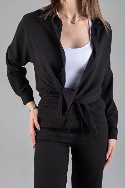 Maison La Femme Women's Linen Pants Long Sleeve Shirt Top and Bottom Set