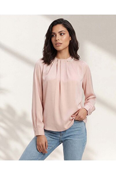 REDTAG Women Pale Pink Satin Blouse with Pearl Neckline Detail