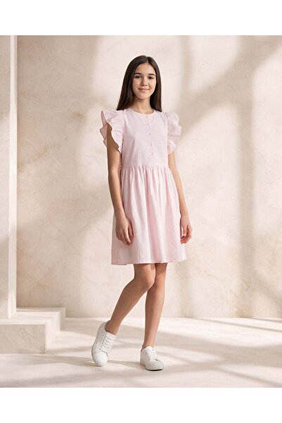 REDTAG فستان قطن وردي فاتح للبنات الكبيرات