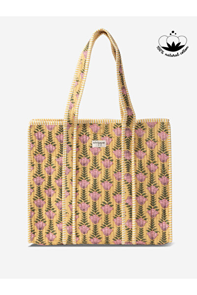 Strippe Çiçek Desenli Pamuklu Kumaş Sarı Günlük Omuz Çantası - Tote Bag