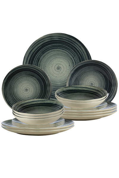 Cesiro Set of 18 Plates for 6 People, Graffiti, Ivory with Dark Gray Circles