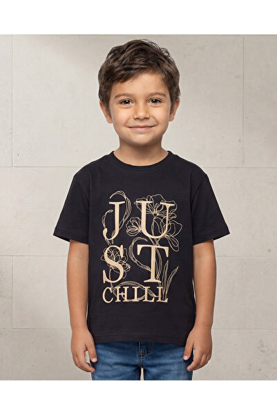 REDTAG Boys Black Embroidered Short Sleeve T Shirt