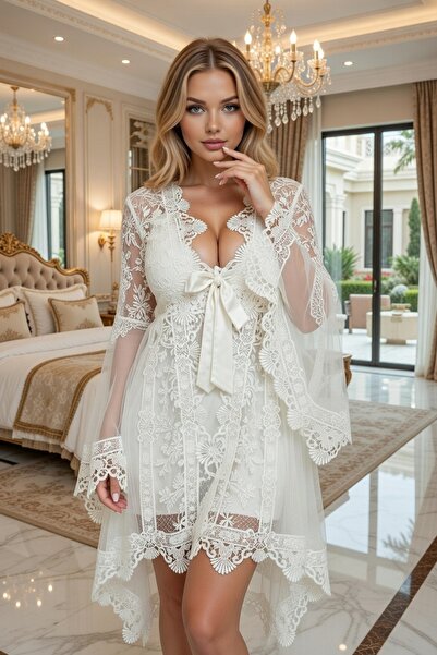 big mama Luxury Lace Piece Dressing Gown Set Bridal Dowry Stylish Sheer Detai...
