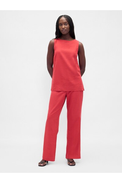 GAP Kadın Kırmızı Low Rise Keten Karışımı Flare Pantolon
