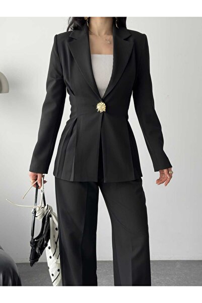 Moda İkra Blazer, jachetă, pantaloni largi, set cu detaliu de nasturi aurii