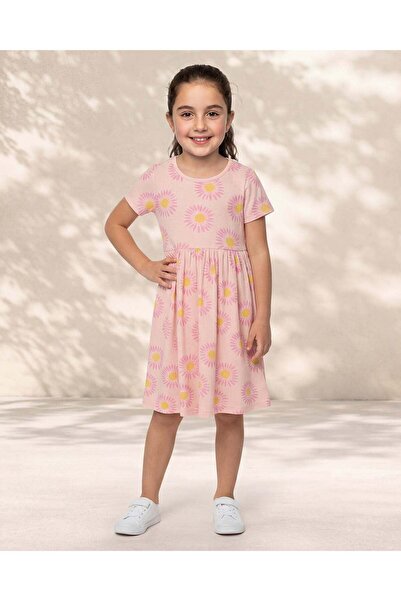 REDTAG فستان بناتي وردي فاتح مطبوع بالكامل بنقشة زهور مضلعة