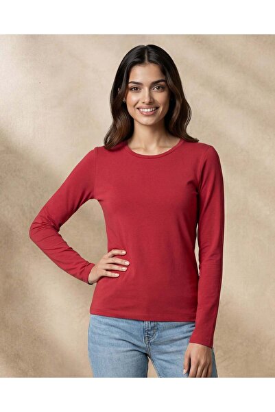 REDTAG تيشيرت نسائي عنابي اللون بأكمام طويلة وياقة دائرية