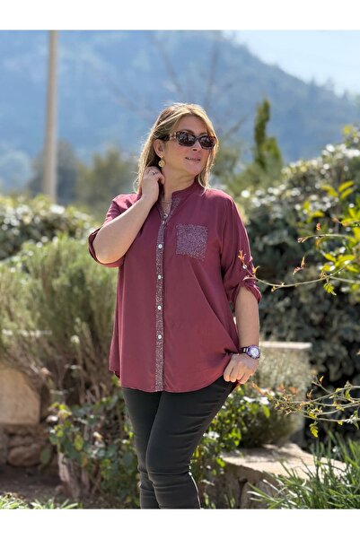 Punta Otantik Nc15450 Solid Color Buttoned Italian Coton Blouse Burgundy