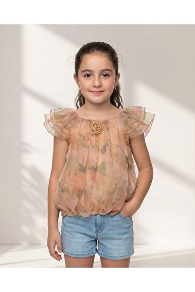 REDTAG بلوزة بنية اللون مطبوع بأكمام مكشكشة للبنات