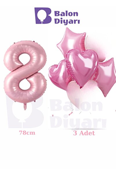 BALON DİYARI 8-Year-Old Pink Girls Special Birthday 3-Piece Heart Star Foil B...