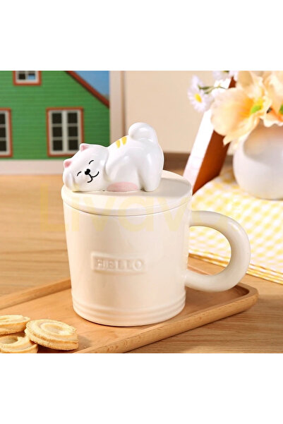 Livava Ceramic Mug with Sleeping Cat Figure and Lid, Special Design Pastel Co...