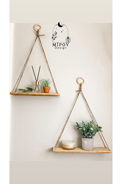 MİPOY Masif Ahşap Halatlı Duvar Rafı 2’li Set | Dekoratif Yüzer Raf Kitaplık ...