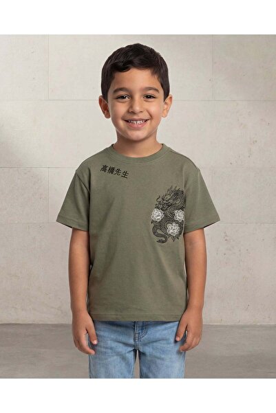 REDTAG Boys Green Dragon Embroidered Front And Back T Shirt