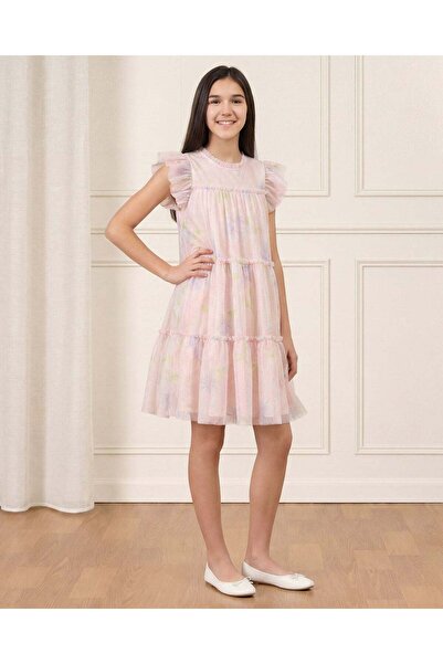 REDTAG فستان شبكي متعدد الطبقات بنقشة زهور الخوخ