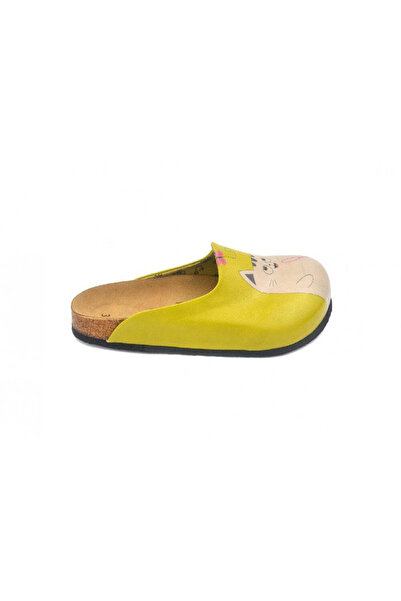 Mundos Women's Vegan Leather Yellow-Purple Slipper - Cat Double Model Cal1432