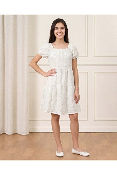REDTAG Senior Girls White And Yellow Floral Jacquard Tiered Dress