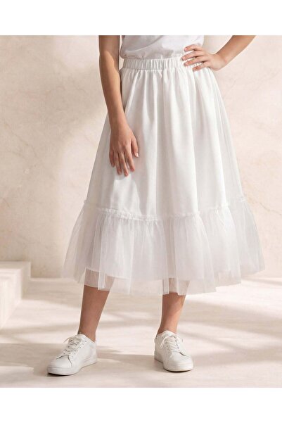 REDTAG Senior Girls White Layered Tulle Midi Skirt