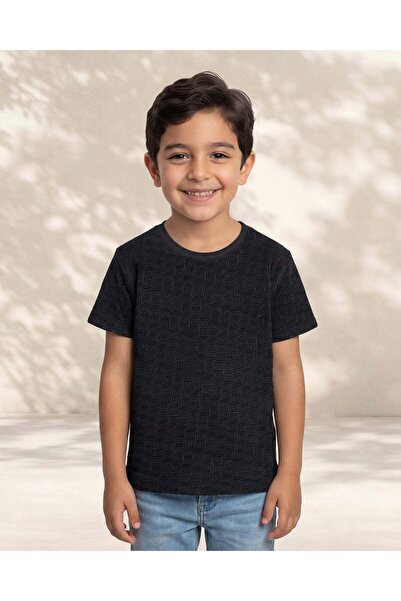 REDTAG Boys Black Flock Print T Shirt