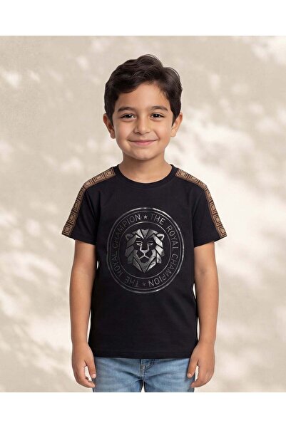 REDTAG Boys Black Foil Print T Shirt
