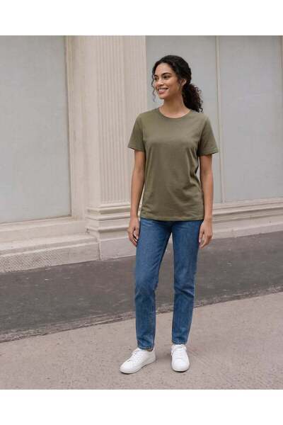 REDTAG Women Olive Short Sleeve Crew Neck T-Shirt