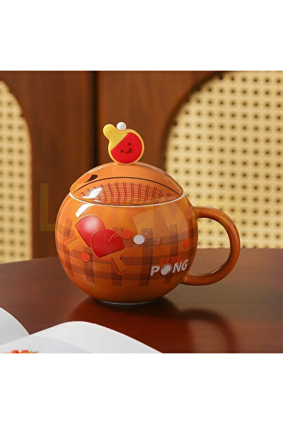 Livava Ping Pong Design Round Ceramic Mug with Racket Figure Lid, 14X9 - Coffee