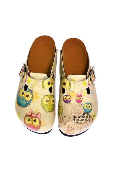 Mundos Women's Vegan Leather Cream Slipper - Owls and Elephant Model - Cal315