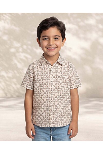 REDTAG Boys Brown Palm Print Short Sleeve Shirt