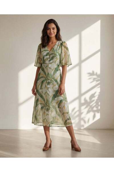 REDTAG فستان نسائي قصير الأكمام مطبوع زهور خضراء للنساء