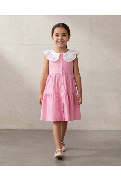 REDTAG فستان قماش بوبلين وردي اللون بياقة متباينة للبنات