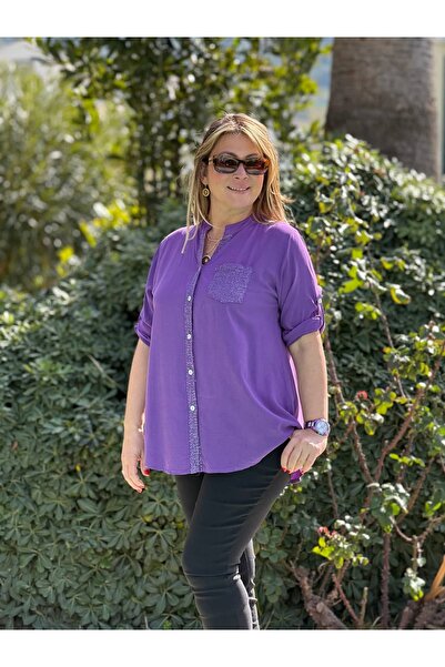 Punta Otantik Nc15450 Solid Color Buttoned Italian Coton Blouse Purple