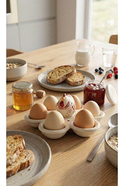 Zücev 6 Kişilik Seramik Yumurtalık - Tavuk Temalı Kahvaltı Organizatörü