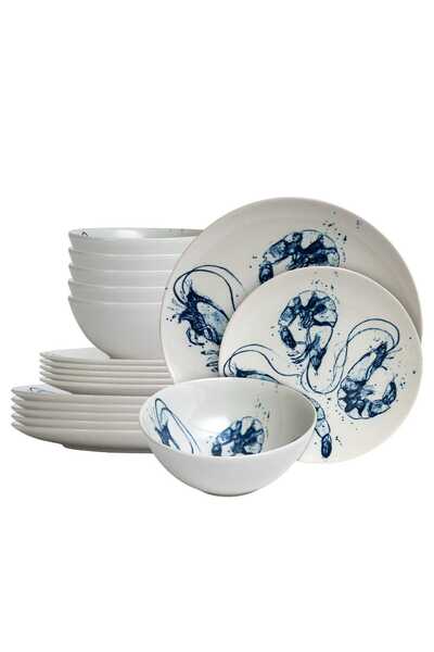 Cesiro Set of 18 Plates for 6 Persons, Navy Blue, White with Shrimp