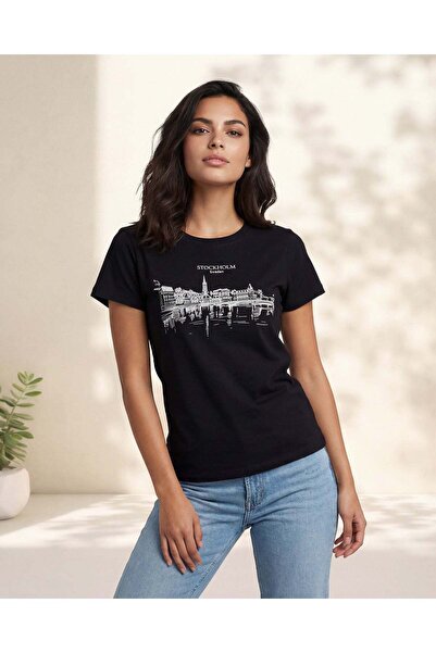 REDTAG تي شيرت نسائي أسود مطبوع