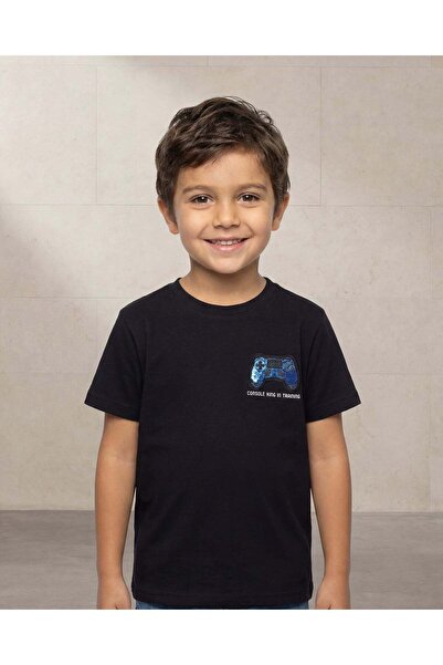 REDTAG Boys Black Chenille Embroidery T Shirt
