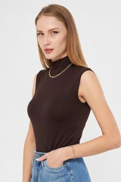 Irmak Kerekli Turtleneck Zero Sleeve Badi Viscose Stretch Fabric Body 135 Brown