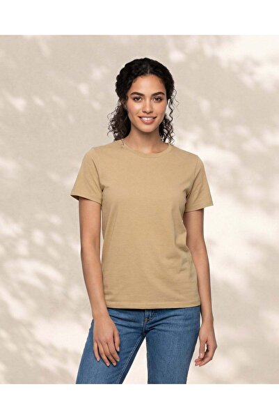 REDTAG Women Beige Short Sleeve Crew Neck T-Shirt