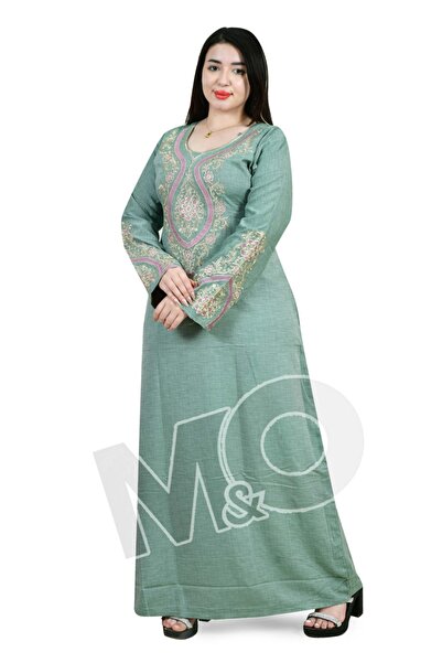 M&O 2 Cotton Linen jalabiya with a modern design, embroidered on the chest wi...