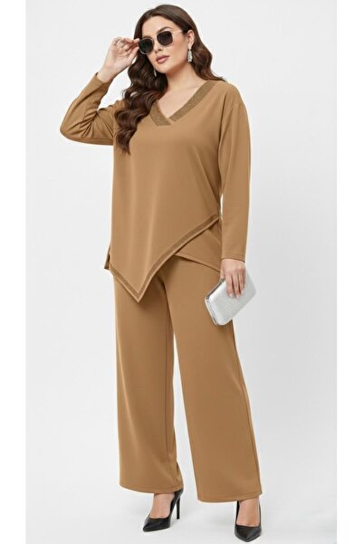 Koza Butik Women's Plus Size Three-Quarter Sleeve Asymmetrical Cut Stone Prin...