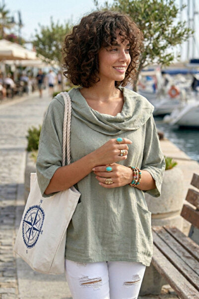 Chiccy Kaki Šal kragna Kratki rukav Dvostruki Sa džepovima Ležerni Lan Široki...