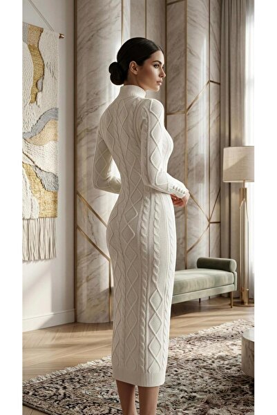 Sea Style Ekru Saç Örgü Desenli Balıkçı Yaka Triko Midi Elbise